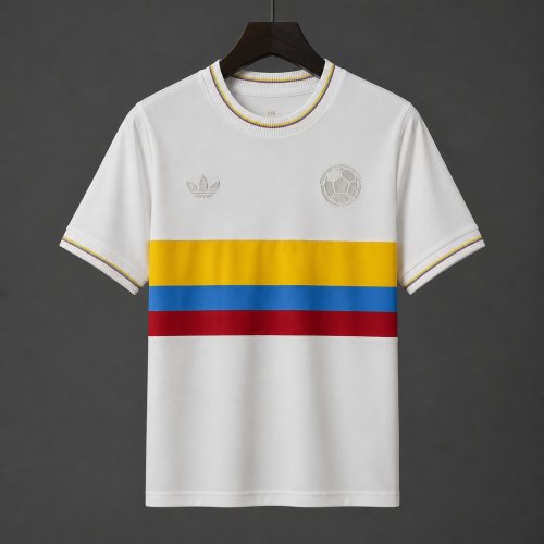 Retro 1990 Colombia White With Tricolor Stripes Away Jersey