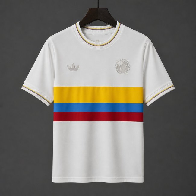 Retro 1990 Colombia White With Tricolor Stripes Away Jersey