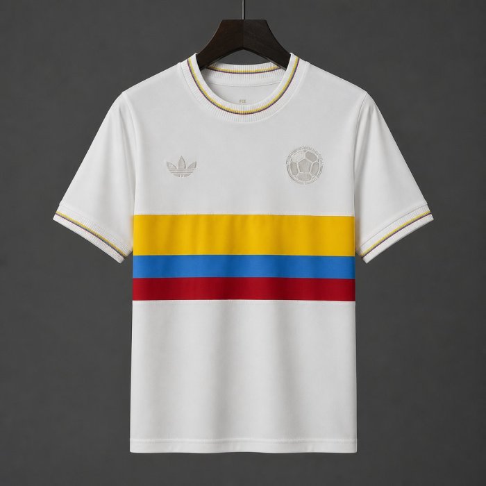 Retro 1990 Colombia White With Tricolor Stripes Away Jersey