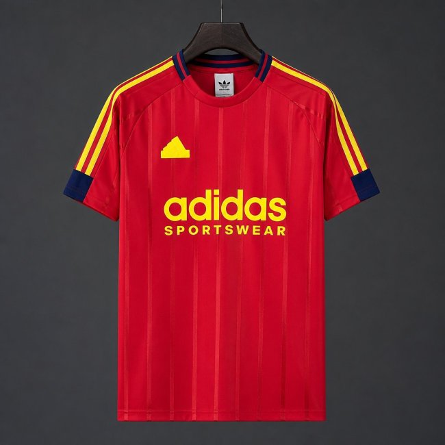 26/27 Adidas Originals  Red with Yellow Stripe Retro Football T-Shirt