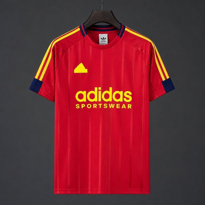 26/27 Adidas Originals  Red with Yellow Stripe Retro Football T-Shirt
