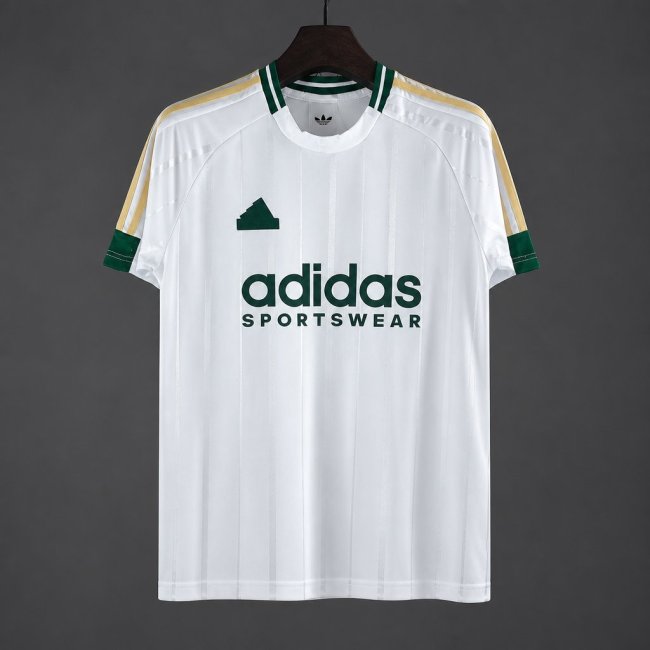 26/27 Adidas Originals  White with Green Stripe Retro Football T-Shirt