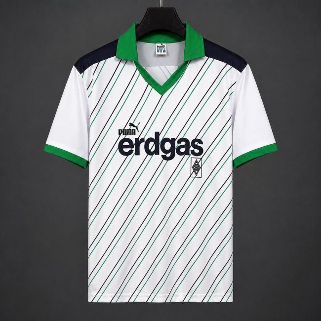Retro 85/86/87 Borussia Monchengladbach Home White/Green Diagonal Stripes Jersey