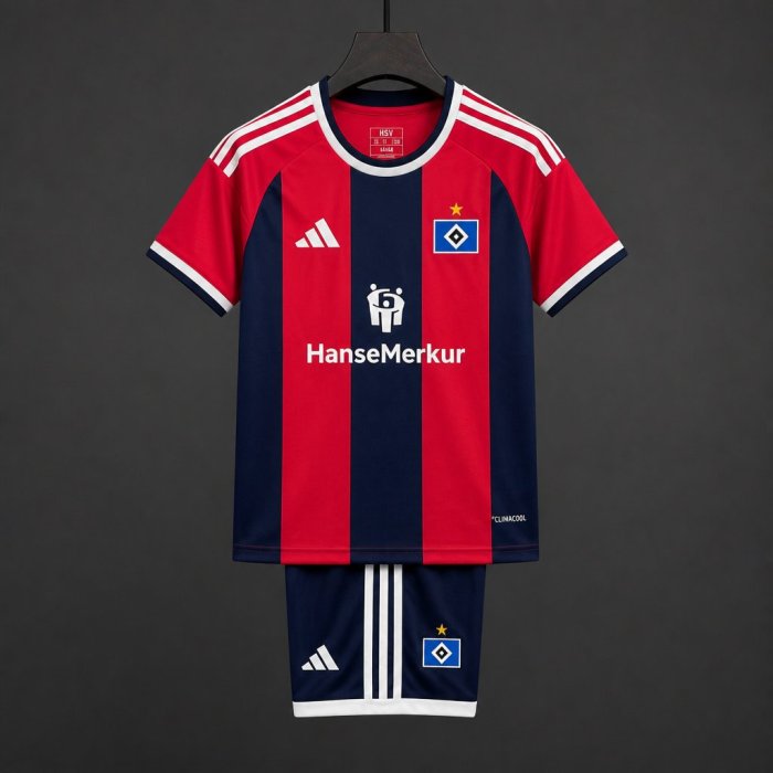 26/27 Kids Hamburger SV Third Red Black Stripes Jersey Kit