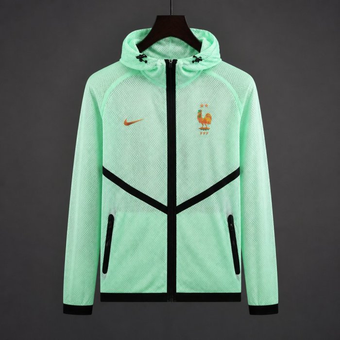 26/27 France Light Green Mesh Anthem Full Zipper Hooded Windbreaker Jacket