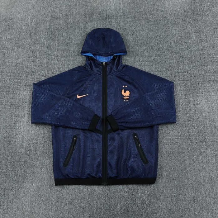 26/27 France Navy Blue Mesh Anthem Full Zipper Hooded Windbreaker Jacket