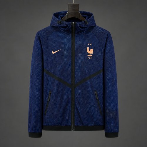 26/27 France Navy Blue Mesh Anthem Full Zipper Hooded Windbreaker Jacket