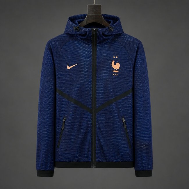 26/27 France Navy Blue Mesh Anthem Full Zipper Hooded Windbreaker Jacket