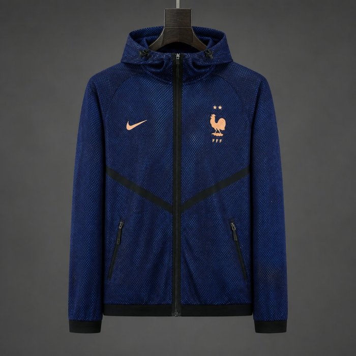 26/27 France Navy Blue Mesh Anthem Full Zipper Hooded Windbreaker Jacket