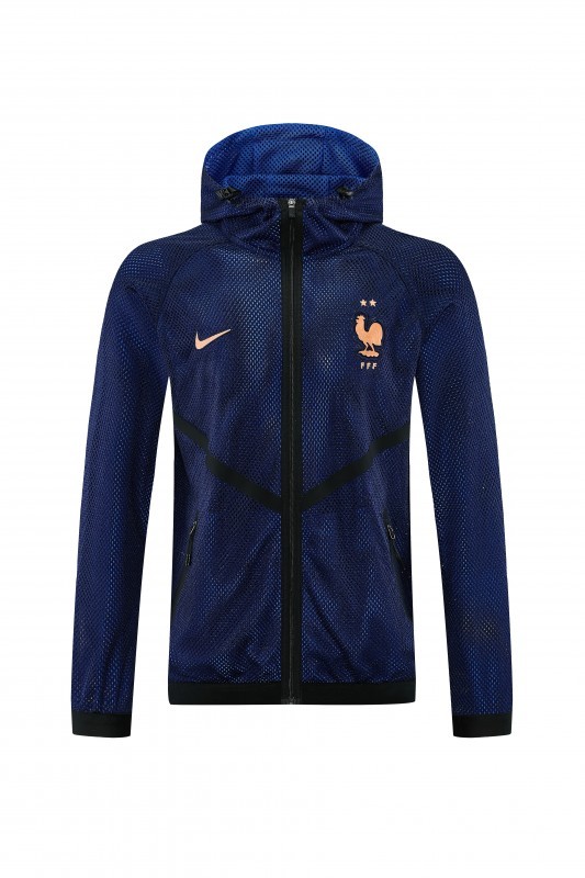 26/27 France Navy Blue Mesh Anthem Full Zipper Hooded Windbreaker Jacket