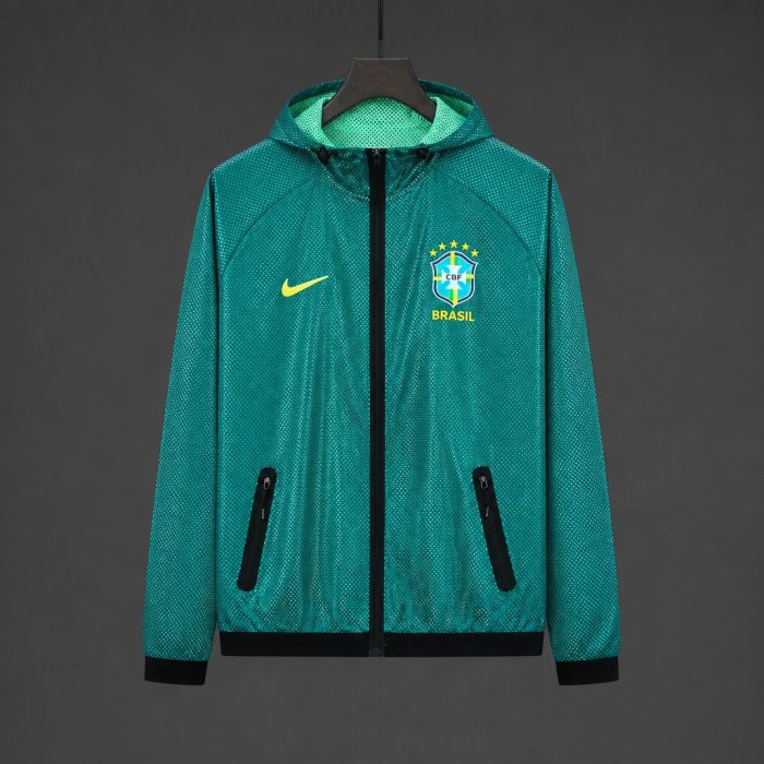 26/27 Brazil  Green Mesh Anthem Full Zipper Hooded Windbreaker Jacket