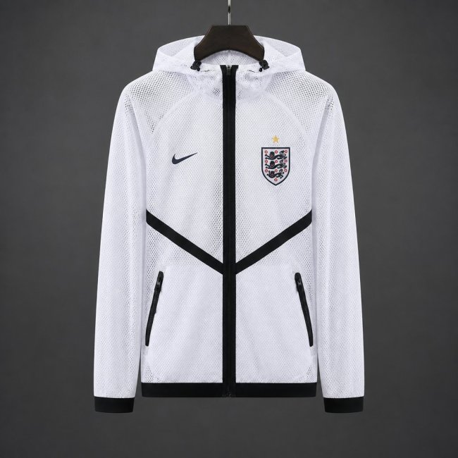 2026 England White Mesh Anthem Full Zipper Hooded Windbreaker Jacket
