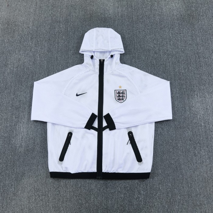 2026 England White Mesh Anthem Full Zipper Hooded Windbreaker Jacket