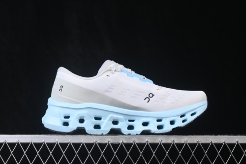 On Cloudmonster 3 Cushioned Running Shoes – White/Light Blue with Black Logo