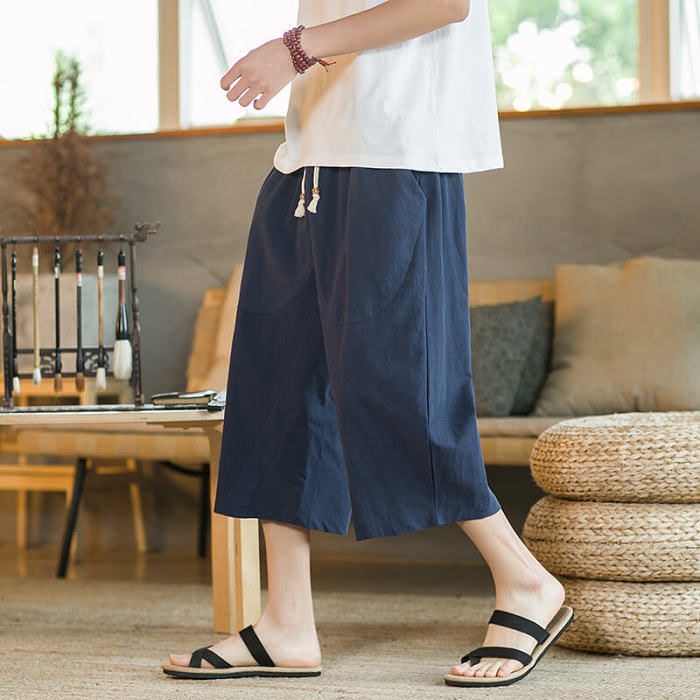 日系夏季時尚大碼寬鬆棉麻休間闟腿七分裤