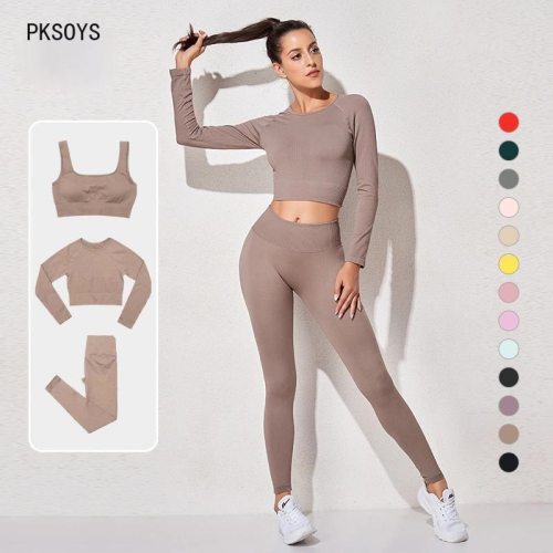 Women tracksuit Sportswear Seamless Yoga Set Workout Suit Gym Clothes Long Sleeve Crop Top Fitness Leggings Sport Bra Tracksuit