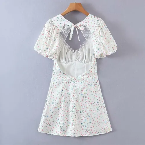 Sexy Lace Patchwork Sweet Floral Print Backless Dress Women Puff Sleeve Slim A-line Holiday Party Vestido Summer Short Robe