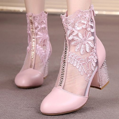 Women's Spring Shoes Ladies Lace Genuine Leather Fashion Boots Female High Heels Round Toe Mid Calf Women Boots Shoes Plus Size
