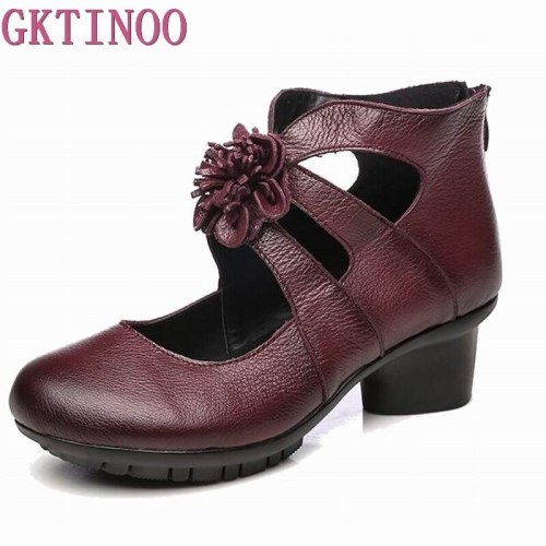GKTINOO Vintage Summer Women's Shoes Genuine Leather High Heel Shoes 2021 Autumn Fashion Shoes Non-Slip Soft Bottom Women Pumps