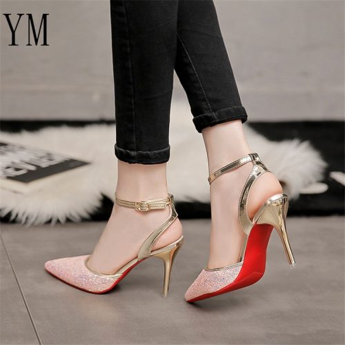 2020 Elegant Crystal Pointed Toe Wedding Shoe Women's Pumps Solid Flock Fashion Buckle Shallow High Heels Shoes for Women Hot