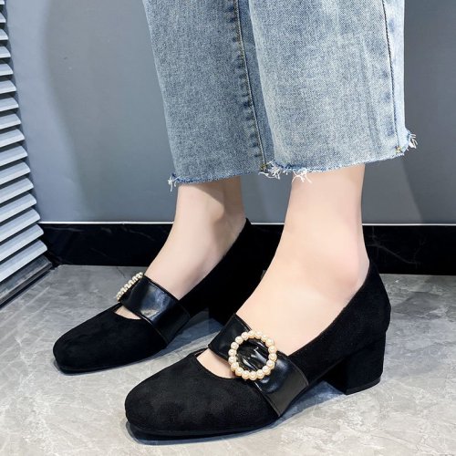 Rimocy Fashion Pearl Buckle Pumps Women 2021 Comfortable Flock Chunky Heels Shoes Woman Slip on Elegant Office Shoes Ladies
