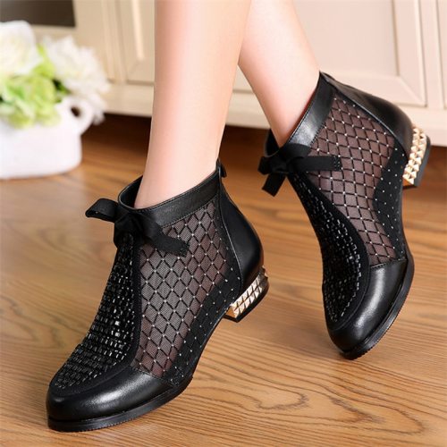 Summer New Cool Mesh Boots Fashion Rhinestone Bow Mesh Women Boots Leather Women's Shoes Hollow Fishmouth Boots Plus Size 35-44