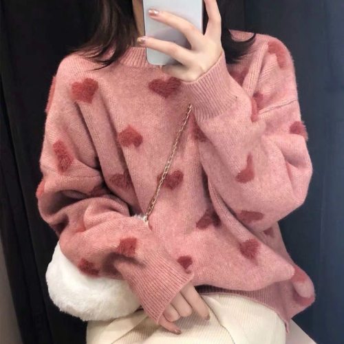 2020 Women Warm Long Sleeve Sueter Imitation Water Velet Print Winter Clothes Pink O Neck Loose Pullover Heart Pattern Sweater