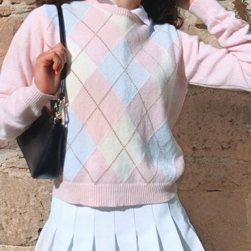 Argyle Geometric y2k Aesthetic Pink Knitted Sweater Women 2020 Autumn Preppy Style Plaid O-Neck Long Sleeve Pullover Tops Jumper