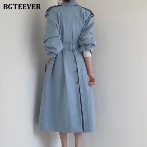 BGTEEVER Autumn Winter Elegant Double Breasted Women Long Trench Coats Long Sleeve Loose Belted Split Female Blue Windbreaker