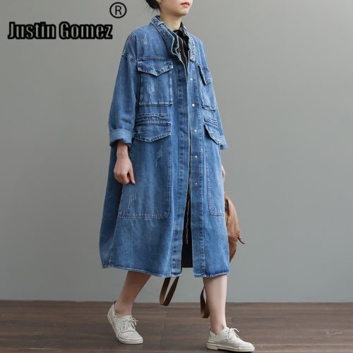 Cheap Oversize Casual Cowboy Trench Coat for Women Loose Outwear Long Denim Jean Coat Single-breasted Pocket Female Clothes