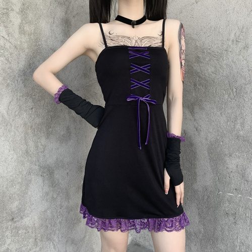 InsGoth Lace Patchwork Vintage Black Mini Dress Gothic Sexy Spaghetti Straps Bandage Dress Casual Fashion Dress Party NighClub