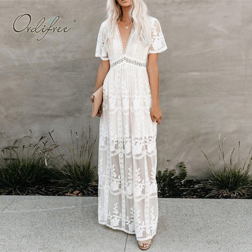 Ordifree 2021 Summer Boho Women Maxi Dress Loose Embroidery White Lace Long Tunic Beach Dress Vacation Holiday Clothes