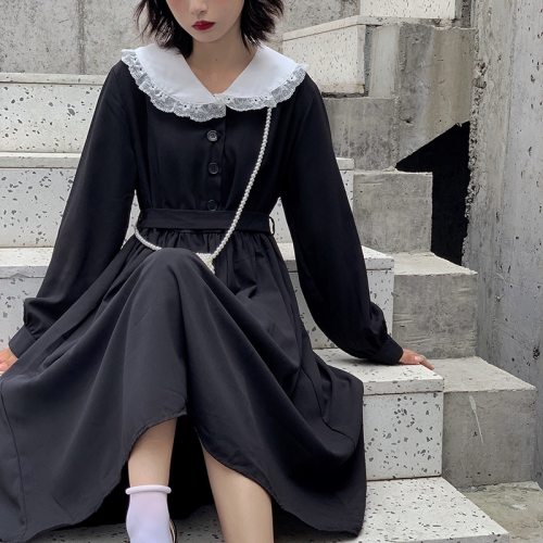 Dress Women Dark Fashion Preppy Style Long Sleeve Lolita Dresses Japanese Sweet Peter Pan Collar Long Ladies Elegant Dresses