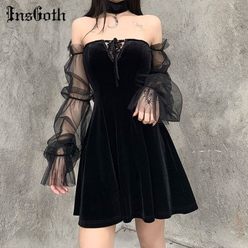 InsGoth Gothic Vintage Sexy Lace Up Black Dress Goth Aesthetic Mesh Long Sleeve Mini Dress Women Harajuku High Waist Party Dress