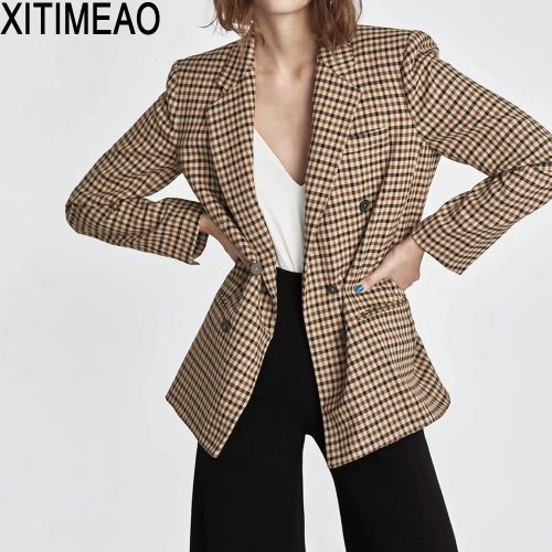 ZA Women 2020 Fashion Office Wear Double Breasted Blazers Coat Vintage Long Sleeve Pockets Female Outerwear Chic Tops
