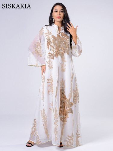 Siskakia Sequins Embroidered Abaya Dress For Women Moroccan Kaftan Turkey Arabic Jalabiya White Islamic Ethnic Robe 2021 Eid New
