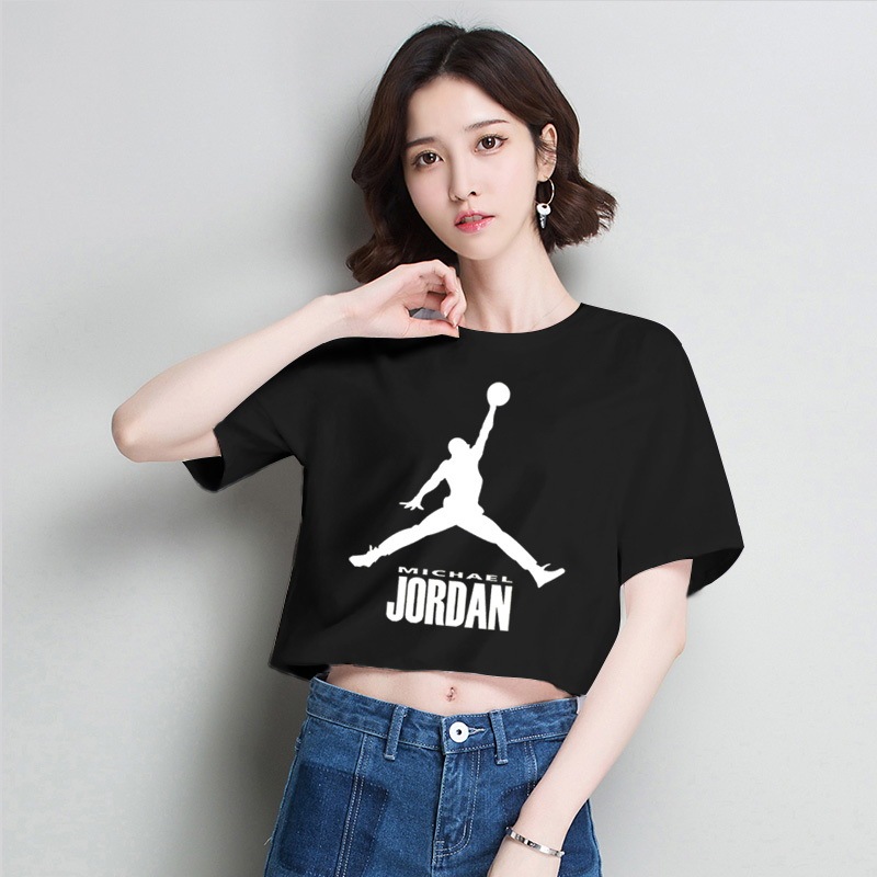 Jordan simple T-shirt classic printed letter cut top short sleeve T-shirt casual sports top slim top sexy T-shirt girls' clothing