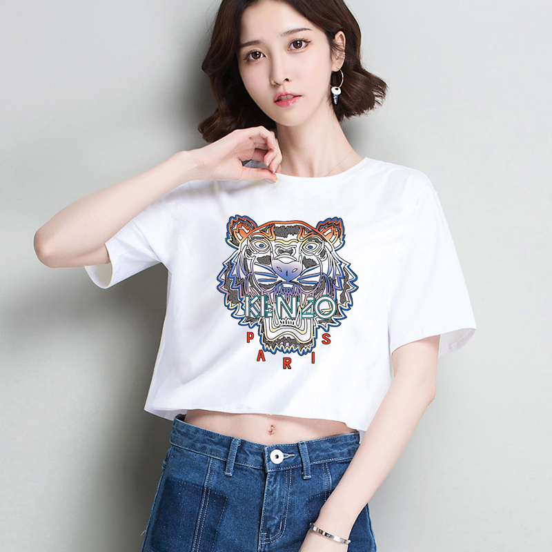 KENZO Classic Tiger Head Print Cropped Tops Short Sleeve T-Shirts Casual Sports Tops Slim Tops Sexy T-Shirts Girls Clothing