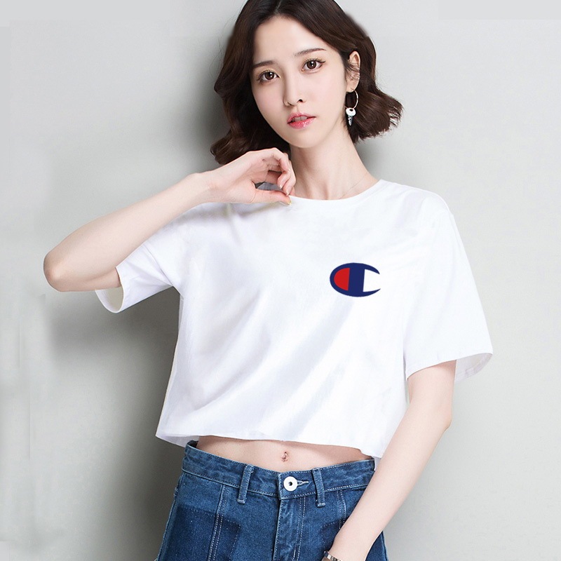Champion Classic Print Letters Cropped Tops Short Sleeve T-Shirts Casual Sports Tops Slim Tops Sexy T-Shirts Training T-Shirts Girls Clothing