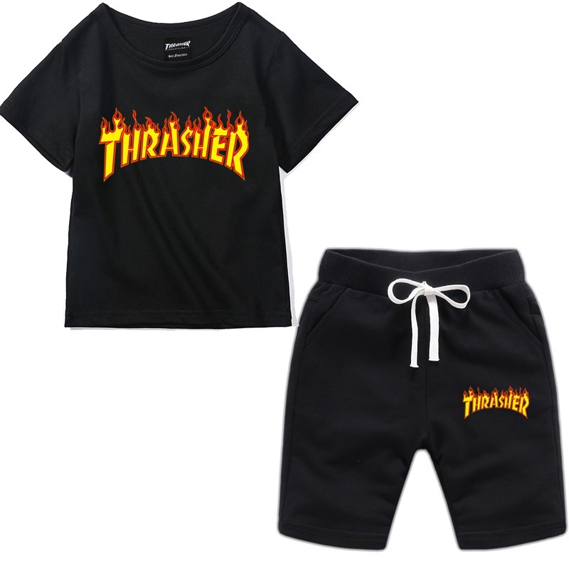 thrasher summer short-sleeved shorts suits children's suits printing suits comfortable and breathable sports children's suits children's suits