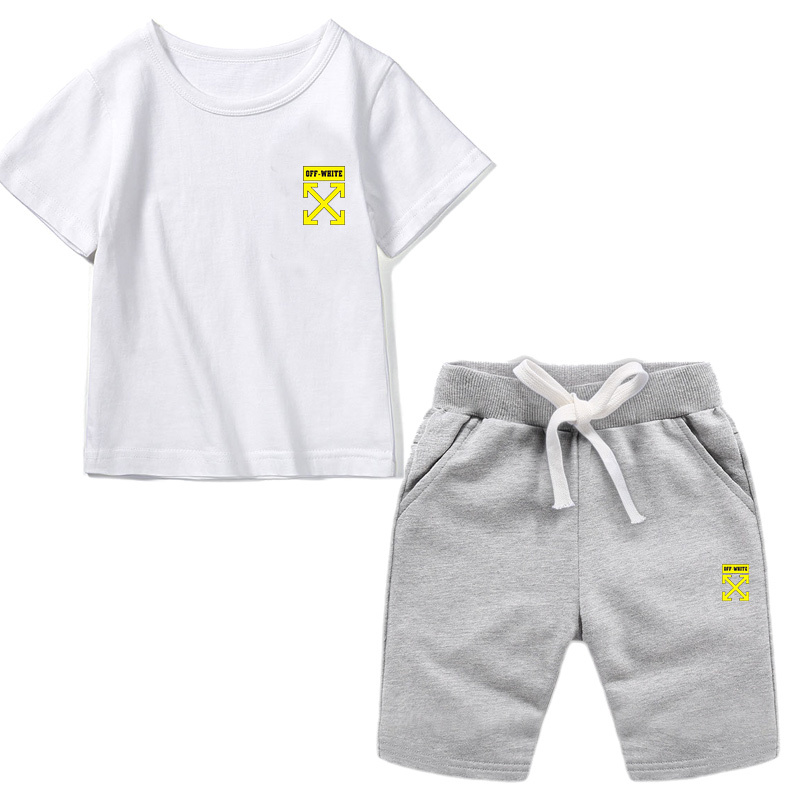 OFF-WHITE Children's Clothing Cotton T-Shirt Summer Fashion Children's Clothing Children's Casual Short Sleeve Shorts Suit Boys Girls Sports Suits