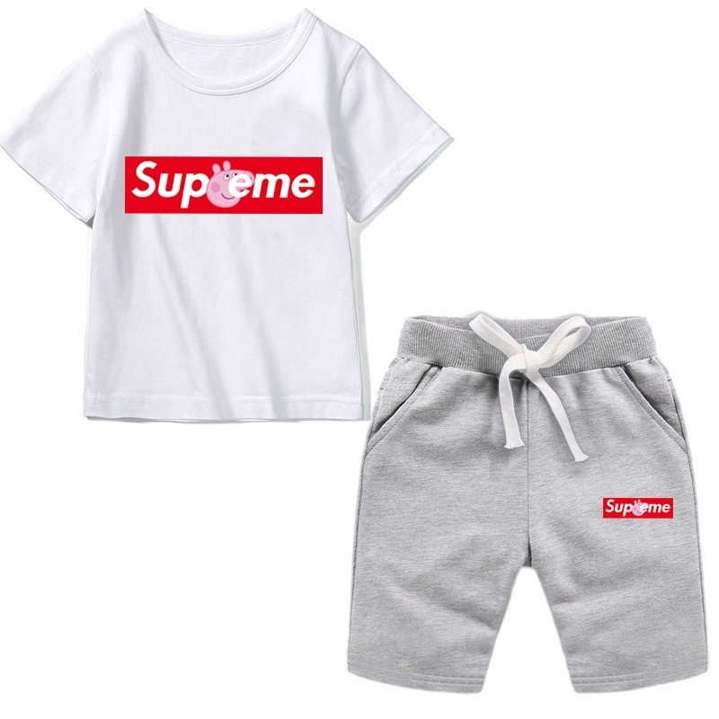 Supreme children's clothing summer T-shirt cotton children's casual suit sports short-sleeved shorts suit summer fashion children's clothing boys and girls suit tide