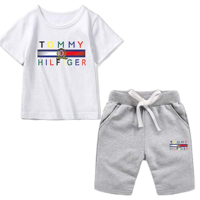 Tommy Comfortable and Breathable Summer Kids Suits Print Suits Kids Clothes Kids Clothes Short Sleeve Shorts Suits Casual Clothes Sports Suits