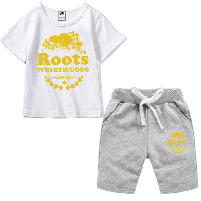 Roots Fashion Kids Print Casual Summer Suit Kids Cotton T-Shirt Kids Summer Short Sleeve Shorts Suit Boys and Girls Trendy