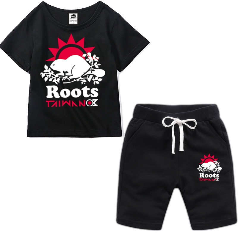 Roots children's clothing casual fashion summer suit children's clothing cotton T-shirt summer children's suit sports short-sleeved shorts suit handsome boys and girls tide
