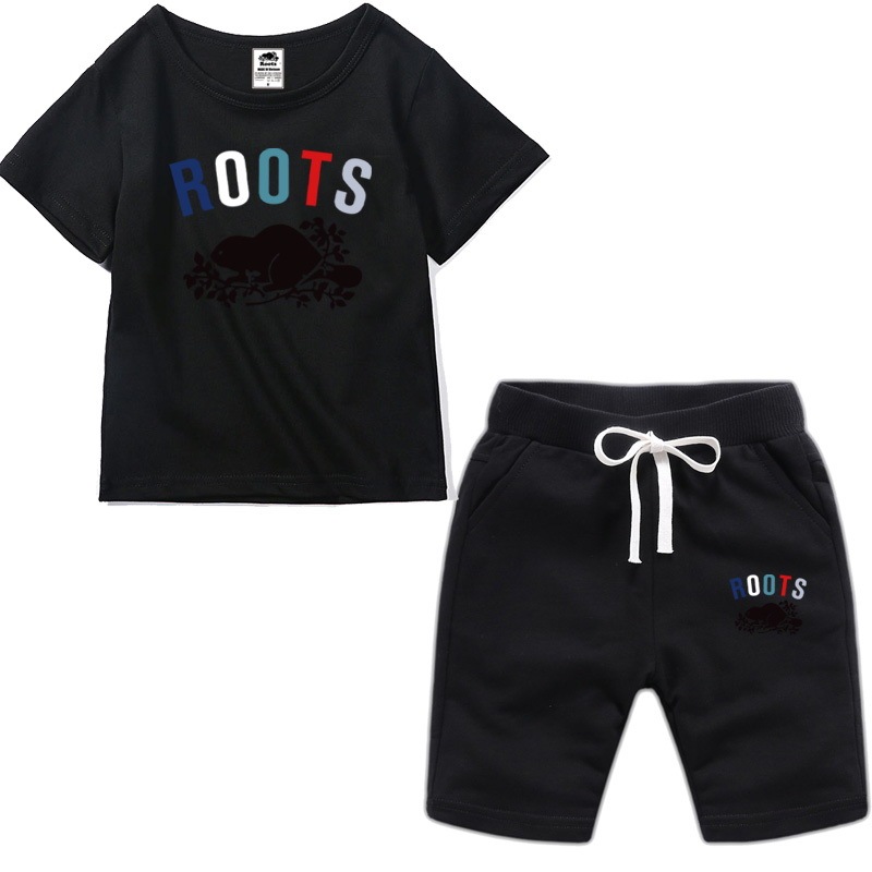 Roots children's suits casual fashion summer suits children's clothing cotton T-shirt printing summer sports short-sleeved shorts suits boys and girls trendy