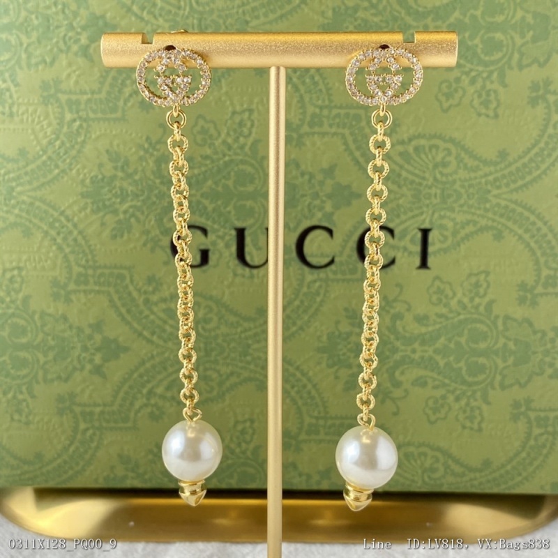 00178_ X128PQ00_ Hot big brand new Gucci Earrings Fashion Brand Gucci personalized full diamond long pearl earrings counter synchronization one