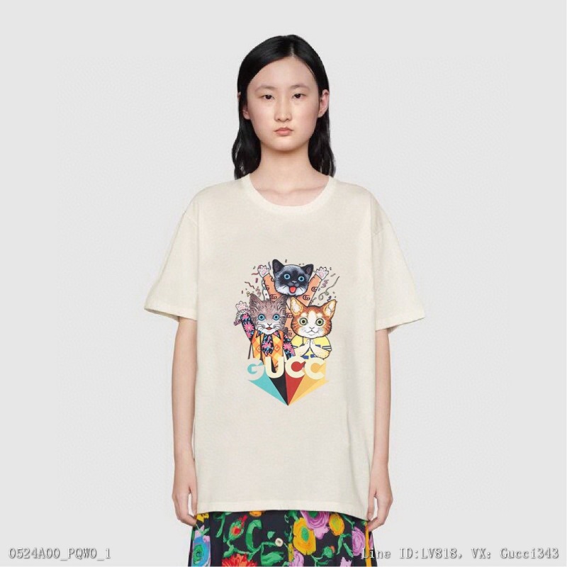 00077_ A00PQW0_ Gucci high version 2022 spring and summer new digital direct spray printed cat logo casual casual casual casual short sleeve T-shirt smlxl