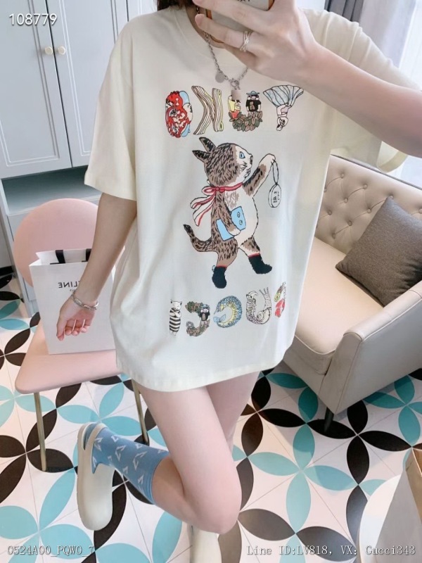 00050_ A00PQW0_ Gucci22 spring and summer new year of the tiger tide Cat cartoon printed round neck men's and women's short sleeve T-shirt smlxl