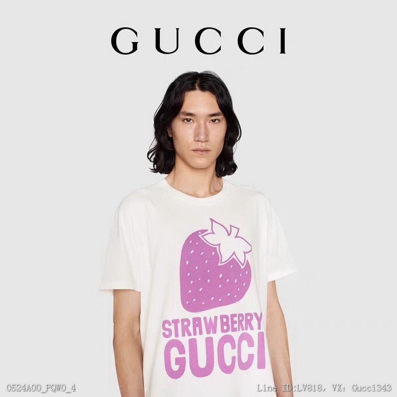 00215_ A00PQW0_ Gucci2022 spring new G family Pure Cotton Logo purple strawberry short sleeve t-shirt men's and women's smlxl